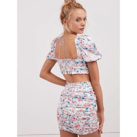NWT For Love and Lemons white blue pink floral Juliet skirt crop top set M/L - Picture 2 of 10